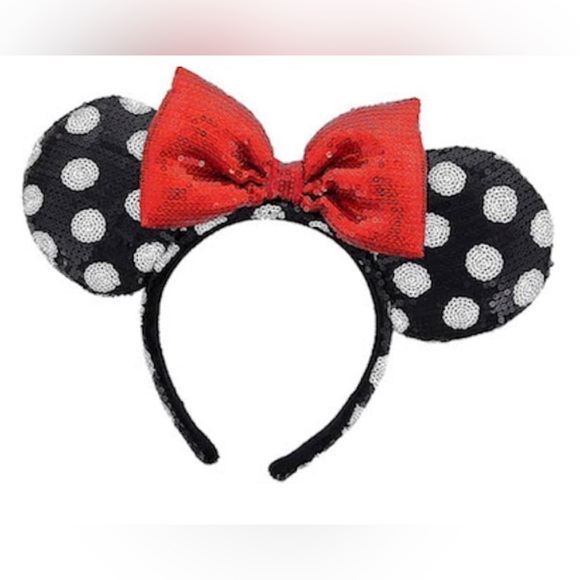 Disney Parks Sequin Minnie Mouse Ears Headband Black White Polka Dot Red Bow - Picture 1 of 3